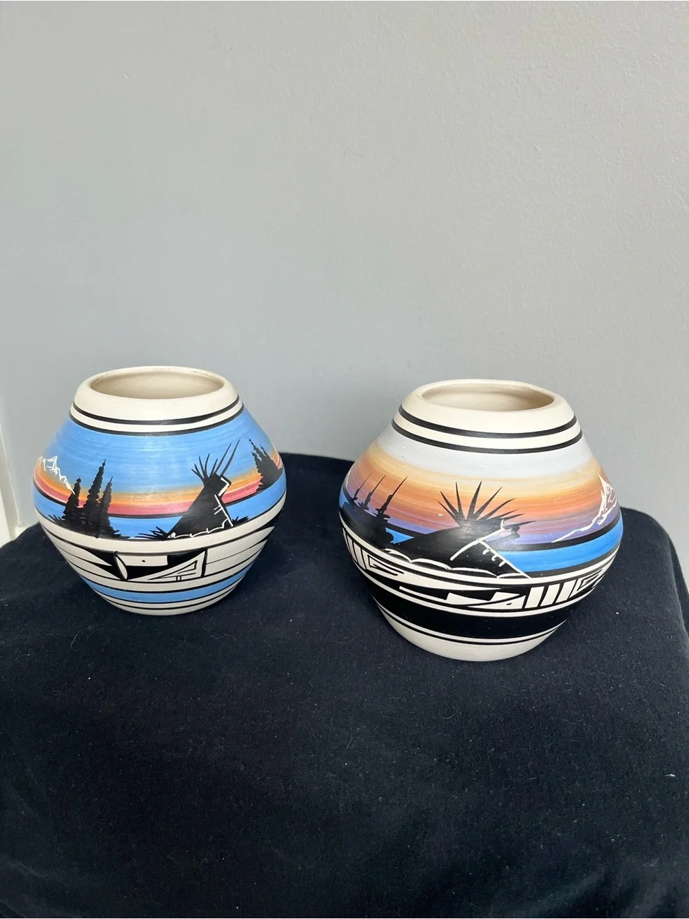 Signed Navajo Naatsiilid Cedar Mesa Pottery Pair Sunset Landscape Etched Vessels